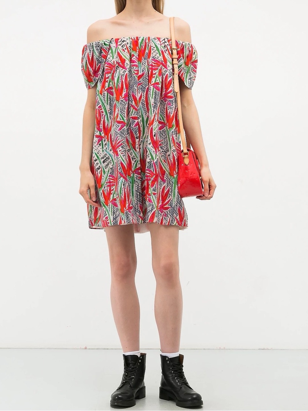 Kenzo Paris Silk Tropical Print Off Shoulder Mini Dress Size 38